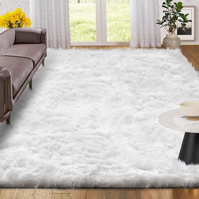 White Shag Rugs for Living Room 9x12 Area Rugs for Bedroom Large Washable Furry Faux Sheepskin Fluffy Fur Rug for Nursery Rectangle Rug