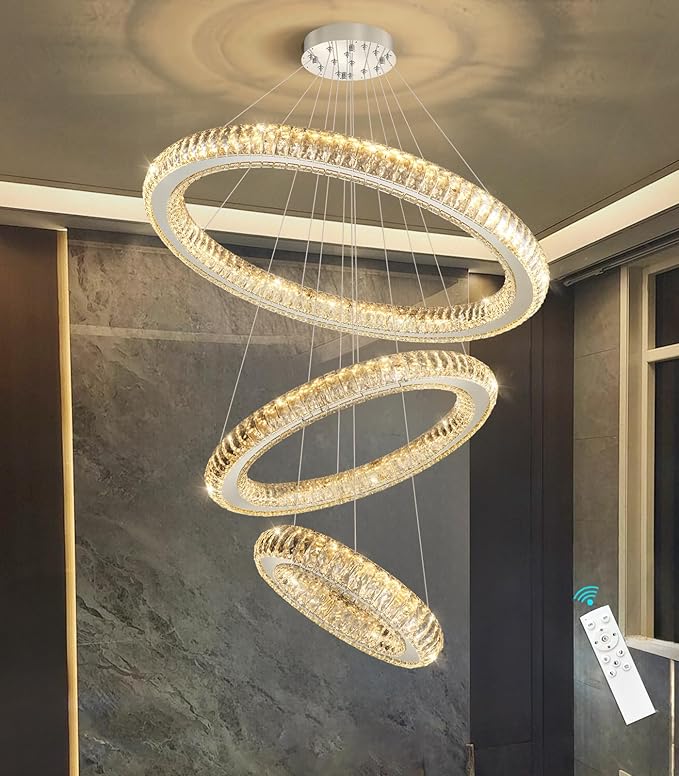 3 Rings Chandelier Modern Dimmable High Ceiling Large Ring Chanderliers Entryway Crystal Pendant Lights for Entryway Foyer Living Room Silver Light