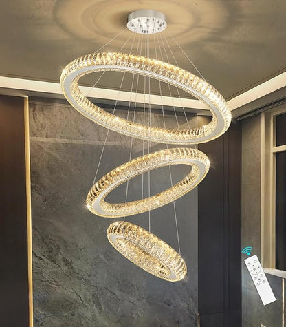 3 Rings Chandelier Modern Dimmable High Ceiling Large Ring Chanderliers Entryway Crystal Pendant Lights for Entryway Foyer Living Room Silver Light
