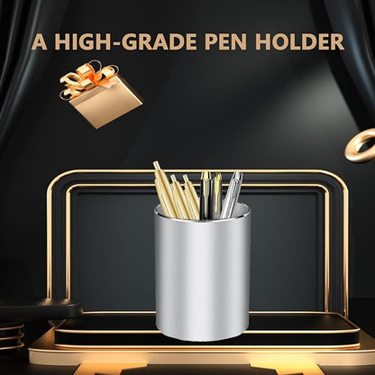 Pen Holder for Desk,Metal Aluminum Pencil Holder， for Pen Organizer for Desk, School, Home and Stationary Supplies, Advanced sense Pen Holder Non-Slip Silicone Bottom Round Silver Pencil Cup (Silver)