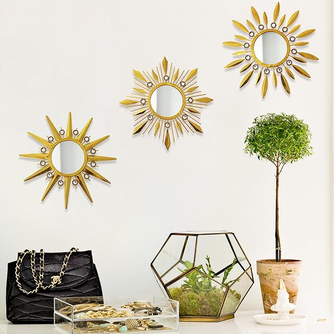 Champagne Gold Round Mirrors for Wall Art Pack of 3, Decorative Mirror Wall Christmas Decor& Vintage Room Decor, Sunburst Circle Mirrors Modern for Women & Moms
