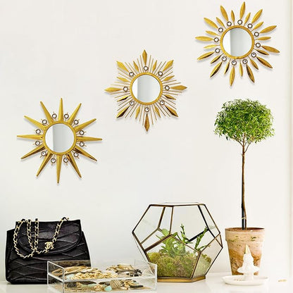 Champagne Gold Round Mirrors for Wall Art Pack of 3, Decorative Mirror Wall Christmas Decor& Vintage Room Decor, Sunburst Circle Mirrors Modern for Women & Moms