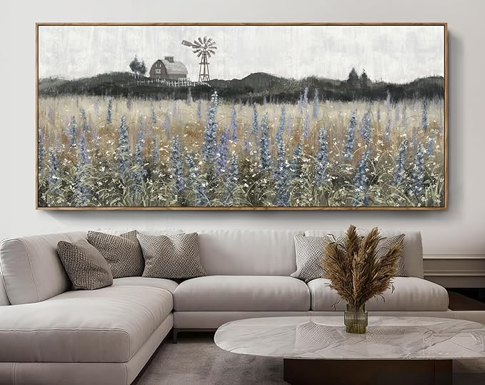 Nicetop Extra Large Vintage Framed Wall Art Nature Wilderness Lavender Flower Meadow Landscape Retro Farmhouse Windmill Barn Wildflower Canvas Print Oversized Artwork for Living Room Office 86x 39inch