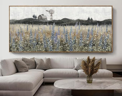 Nicetop Extra Large Vintage Framed Wall Art Nature Wilderness Lavender Flower Meadow Landscape Retro Farmhouse Windmill Barn Wildflower Canvas Print Oversized Artwork for Living Room Office 86x 39inch