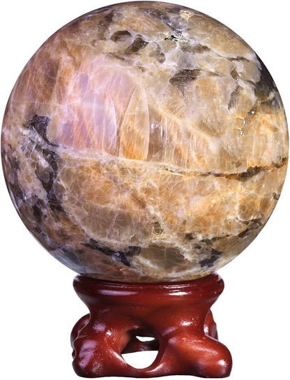 moonsix Natural Orange Moonstone Crystal Sphere with Resin Stand Healing Energy Stone Decorative Ball Sculpture for Home Office Tabletop, 61-70 mm
