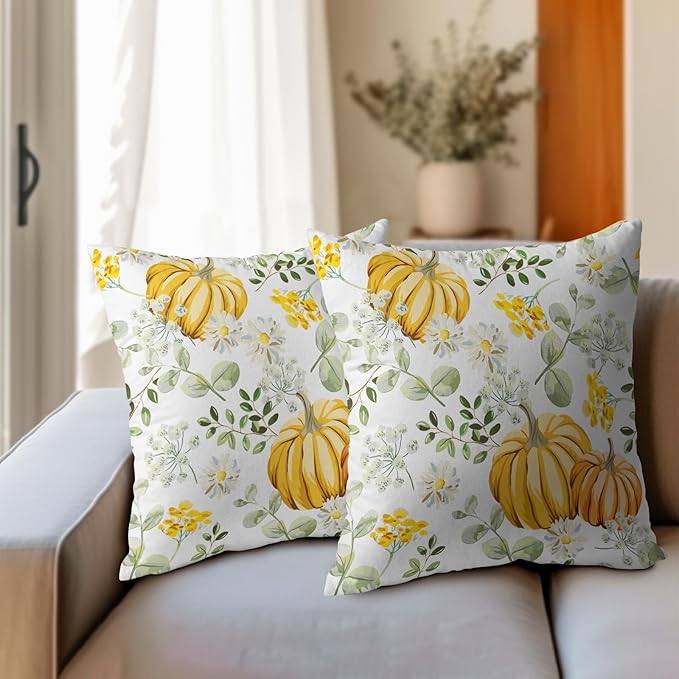 Pumpkin Fall Pillow Covers 24x24 Set of 2 Yellow Saga Green Leaf Autumn Floral Thanksgiving Pillow Cases Outdoor Decorative Holiday Cushion Cover Rustic Decoration Farmhouse Home Sofa Couch Bed Decor