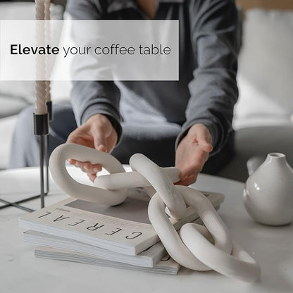 Wood Chain Link Decor - White Wooden Decorative Objects for Shelves, Coffee Table Sculpture, Book Shelf Accessories, Modern Shelf Decor Accents, Console or Entryway Table Decorations