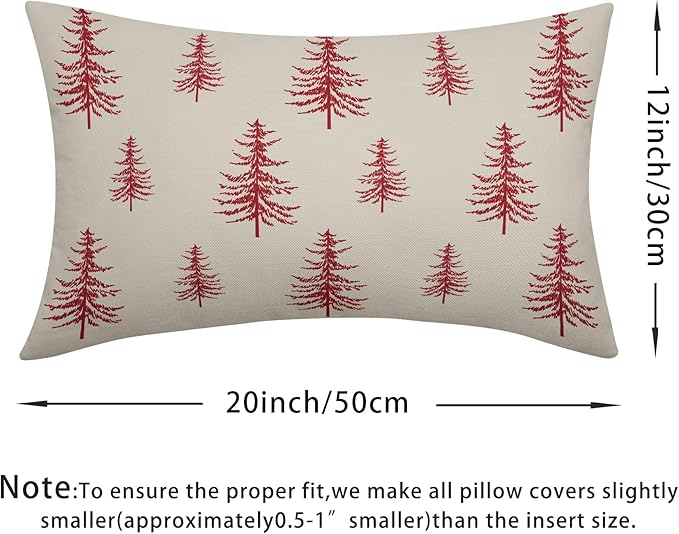 Christmas Tree Lumbar Pillow Covers 12x20 Set of 2 Red Xmas Vintage Winter Print Decorative Outdoor Linen Throw Pillows Cases Cushion Cover Rustic Holiday Decoration Farmhouse Sofa Couch Bed Decor