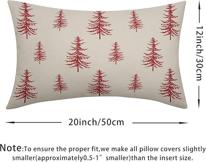 Christmas Tree Lumbar Pillow Covers 12x20 Set of 2 Red Xmas Vintage Winter Print Decorative Outdoor Linen Throw Pillows Cases Cushion Cover Rustic Holiday Decoration Farmhouse Sofa Couch Bed Decor