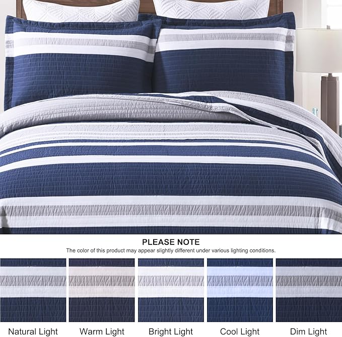 Quilts Queen Size - Queen Quilt Bedspread Sets, 100% Cotton Quilt Bedding Set for Queen Bed, 3 Pieces Striped Reversible Lightweight Quilted Quilt Set Bed Spread, Navy Blue