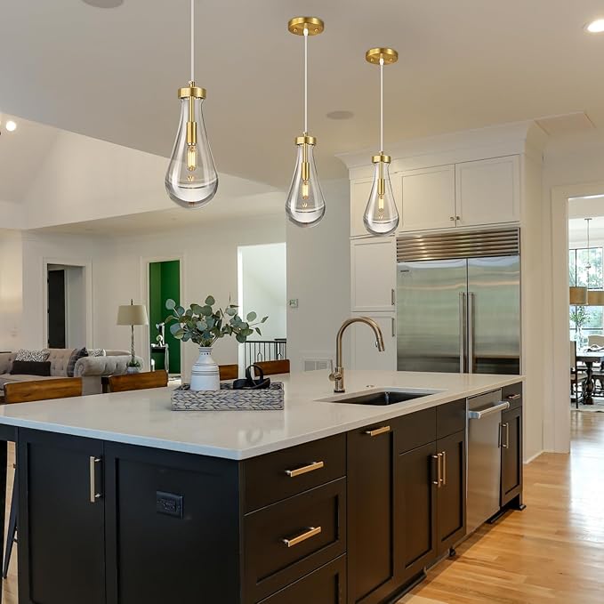 Raindrop Pendant Lights Kitchen Island Set of 2 Teardrop Gold Hanging Light Fixtures Clear Solid Glass Pendant Light Modern Chandeliers for Dining Room Porch Corridor Living Room…
