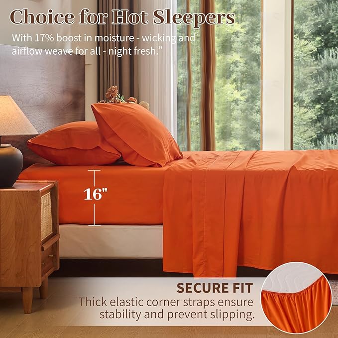 MEISHANG 100% French Pure Linen Sheets California King - Bed Sheets 4 Piece Sets, Soft Durable Flax Linen, Anti-Tear Breathable Oeko-Tex Certified with 16" Deep Pocket (Orange)