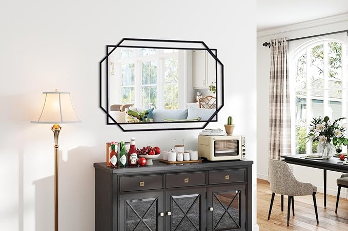 48.5"x32.5" Large Decorative Bathroom Mirror for Wall with Metal Frame, Black Hanging Mirror for Wall, Living Room, Dining Room, Entryway