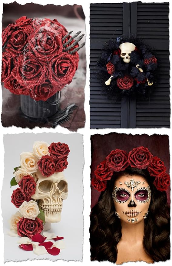 N&T NIETING Artificial Flowers Glowing Red Flowers Foam 25pcs Glitter Roses Real Looking Fake Roses with Stem for Valentine's Day DIY Wedding Bouquets Centerpieces Bridal Shower Party Home Decorations