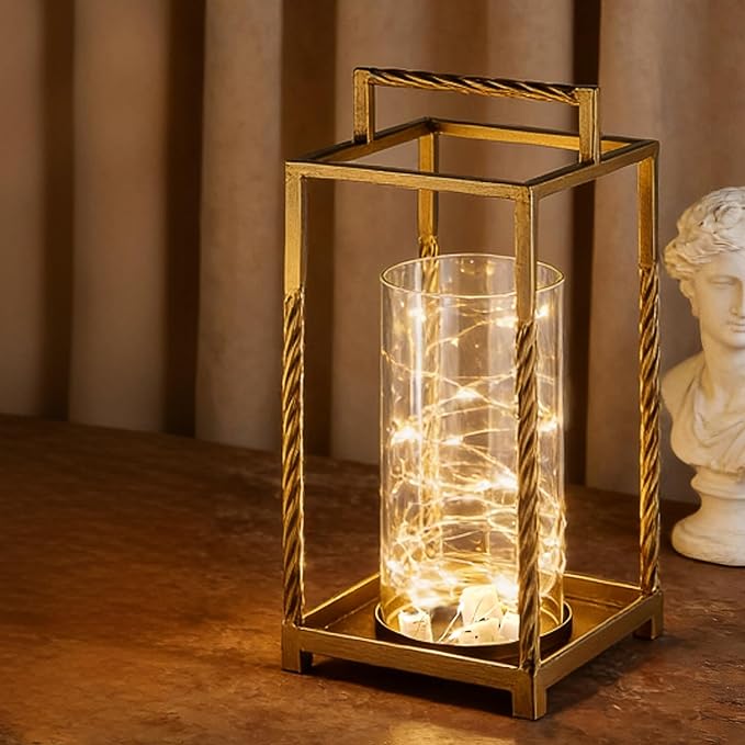 13" Modern Metal Lantern with Twisted Rope-style Frame In Antique Brass with Glass Hurricane For Pillars, String Light. Centerpiece, Mantel, Ambient Lighting, Farmhouse, Transitional, Patios, Entryway