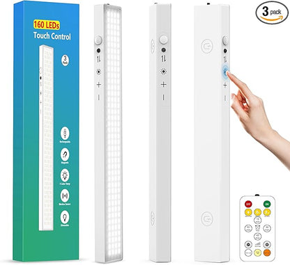 160LEDs Touch-Control Under Cabinet Lighting w/4000mAh Battery, Cordless Motion Sensor Under Counter Lights for Kitchen, Magnetic Rechargeable Closet Lights - 3Pack/White, 2025 Fall