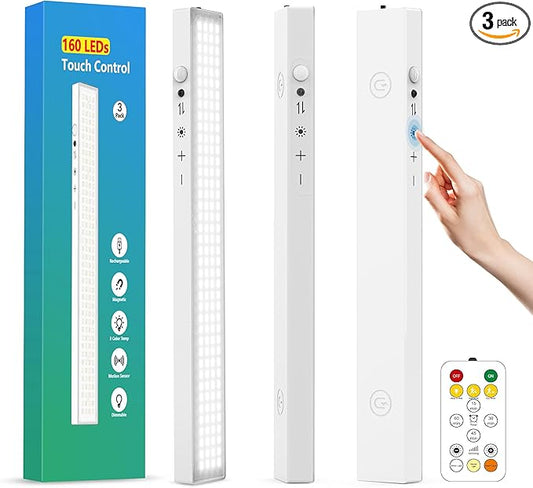 160LEDs Touch-Control Under Cabinet Lighting w/4000mAh Battery, Cordless Motion Sensor Under Counter Lights for Kitchen, Magnetic Rechargeable Closet Lights - 3Pack/White, 2025 Fall