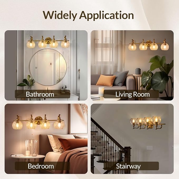ANDY STAR Brass Vanity Light, Gold Bathroom Light Fixtures 4 Lights, 27.8 Inch Vintage Bathroom Sconces, Brushed Brass Vanity Lighting with Globe Clear Glass Shade, E26 Base (Bulbs Not Included)