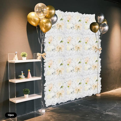 12Pcs Artificial Flower Wall Panel 3D Floral Backdrop Walls15 X 15" Flower Wall Decor Panel Flower Backdrop for Party Home Background Decor, White & Champagne