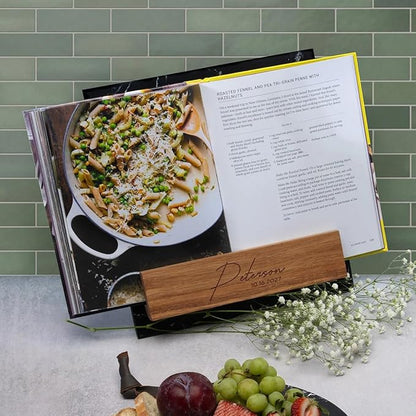 Personalized Cookbook Stand – Custom Engraved Acacia Wood & Black Marble Recipe Book Holder with Weighted Base – Rustic Design, Tablet & Cookbook Stand for Kitchen Counter, 12 × 11 × 7.5 