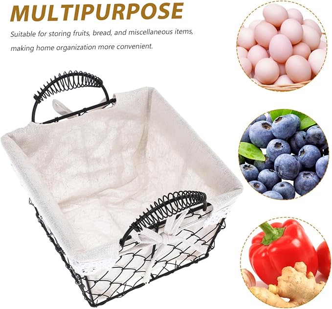 Iron Wire Fruit Basket with Handle Cotton Lined Storage Organizer for Kitchen and Home Multifunctional Tabletop Bread and Snack Holder Stylish Decorative Wire Basket for Household