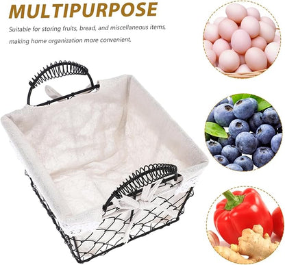 Iron Wire Fruit Basket with Handle Cotton Lined Storage Organizer for Kitchen and Home Multifunctional Tabletop Bread and Snack Holder Stylish Decorative Wire Basket for Household