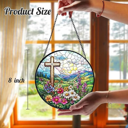 8 Inch Stained Glass Cross Suncatcher for Window Hanging, Stained Glass Windows Hanging Religious Gifts for Women, Sun Catcher for Home Garden Decor, Baptism, Memorial (Cross & Wildflowers)