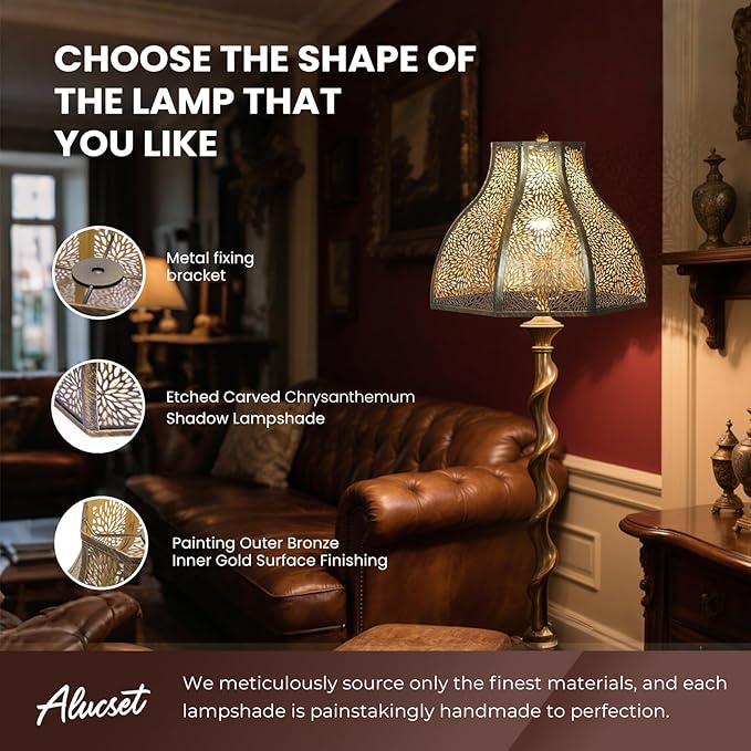 Exquisite Eight-Petal Lotus Metal Cover with Etched Chrysanthemum Pattern in Antique Bronze and Gold Finish for Table Lamp Floor Lamp Fits Living Room Bedroom ALUCSET Metal Lamp Shade