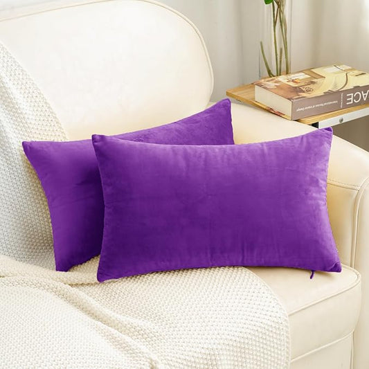HWY 50 Purple Velvet Rectangular Throw Pillow Covers 12x20 Inch, Pack of 2 Soft Cozy Solid Decorative Luxury Cushion Cases for Couch Sofa Bed Living Room Bedroom