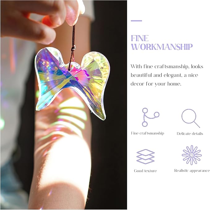 Window Hanging Crystal Angel Wing Prism Suncatcher AB Coating Ornament, Glass Angel Wing Sun Catchers Rainbow,Prism Crystals for Indoor Outdoor Garden Christmas Decor(76mm)