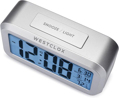 Westclox Alarm Clock with Large Digital Display and Blue Backlight on Demand, Westclox Alarm Clock, Month/Date and Temperature Display with Ascending 5 Minute Snooze Alarm, Silver