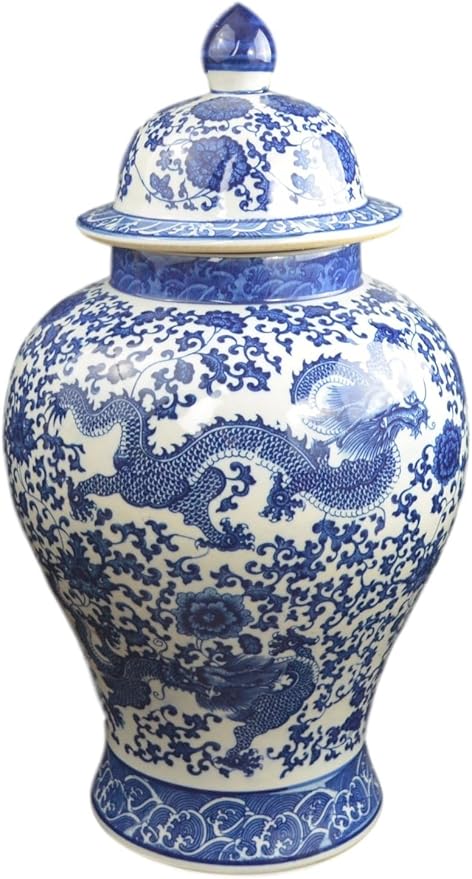 20" Classic Blue and White Floral Porcelain Ceramic Temple Ginger Jar Vase, Large China Qing Style (Dragon1)