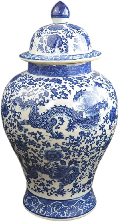 20" Classic Blue and White Floral Porcelain Ceramic Temple Ginger Jar Vase, Large China Qing Style (Dragon1)