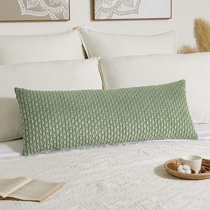 Kevin Textile Spring 14x36 Inch Long Lumbar 1 Pack Boho Decorative Throw Pillow Cover Soft Striped Corduroy Rectangle Cushion Case Farmhouse Solid Accent for Living Room Couch Sofa Bed, Sage Green