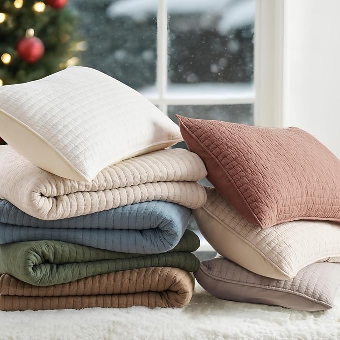 EVERGRACE Cross Stitch Pre-Washed Cotton Quilt Bedding Set Queen Size, Oversized 3 Pieces Lightweight Bedspread Coverlet for All Season, with 2 Matching Shams, Camel Brown, 92"x96"