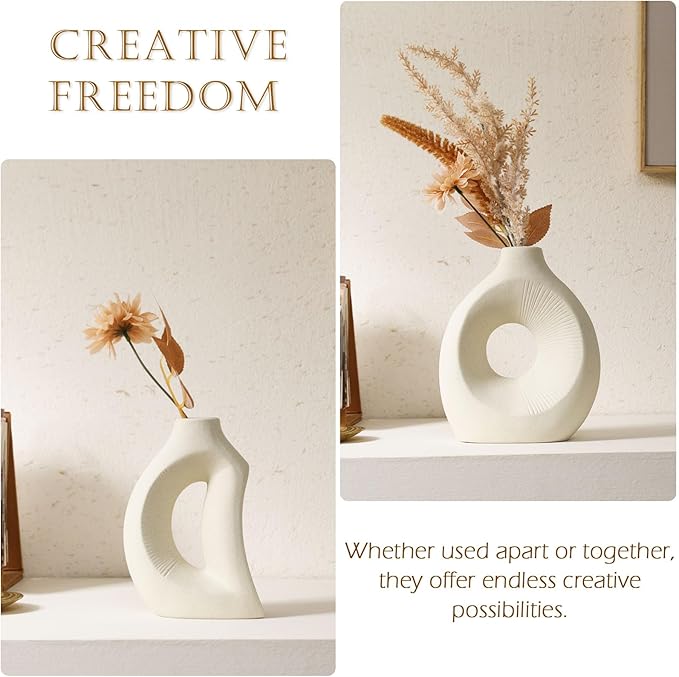Ceramic Vase Set of 2 - Handcrafted Ceramic Vases for Home Decor & Shelf - Modern Farmhouse Decor for Kitchen, Office, Bedroom & Living Room Decorative Objects for Mantel, Table Centerpieces
