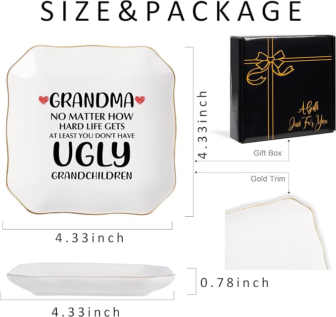 Grandma Gifts Jewelry Dish Ring Tray, Grandmother Birthday Gifts for Grandma Christmas Valentines Mother's Day Gift from Grandkids-No Matter How Hard Life...You Don't Have Ugly Grandchildren
