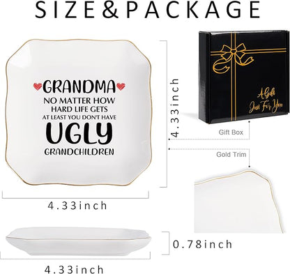 Grandma Gifts Jewelry Dish Ring Tray, Grandmother Birthday Gifts for Grandma Christmas Valentines Mother's Day Gift from Grandkids-No Matter How Hard Life...You Don't Have Ugly Grandchildren