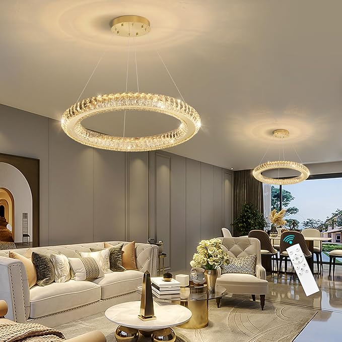 Crystal Ring Chandelier Gold Modern LED Pendant Lights for Dining Room Remote Dimmable Hanging Light Kitchen Island Entrance Bedroom Lighting Chandeliers