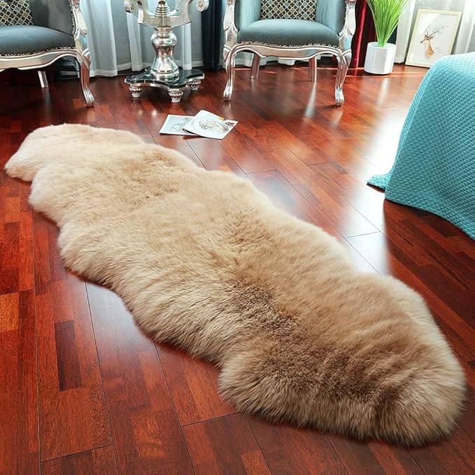 WL&ALLEN Large Sheepskin Rug Genuine Thick and Lush 3 Inch Pile，Luxury Australian Pelts |Large Sheepskin Wool Area Rugs (Double Pelt 2'6" x 6'6",Light Brown)