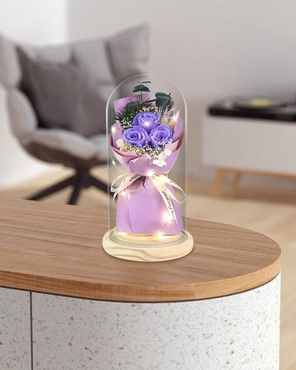HVY Preserved Flower Bouquet Gift for Her,Forever Fresh Flowers for Delivery Prime Preserved Roses in Glass with LED Light Mothers Day Birthday Gifts for Mom,Wife,Grandma, Purple Rose