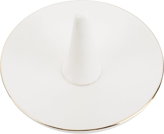 MyGift White Ceramic Ring Dish Holder, Jewelry Engagement Ring Holder, Trinket Tray with Gold Trim