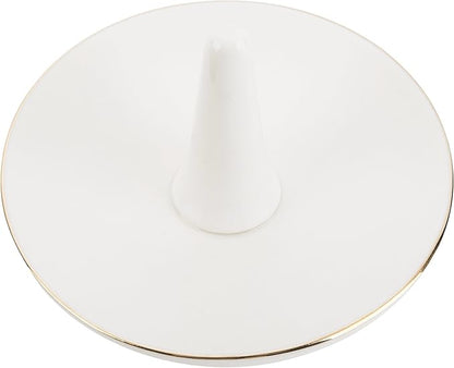 MyGift White Ceramic Ring Dish Holder, Jewelry Engagement Ring Holder, Trinket Tray with Gold Trim