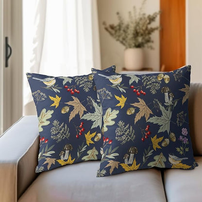 Bird Fall Pillow Covers 22x22 Set of 5 Navy Autumn Leaf Animal Print Pillow Cases Mushroom Acorns Pattern Outdoor Decorative Holiday Cushion Cover Rustic Decoration Farmhouse Home Sofa Couch Bed Decor