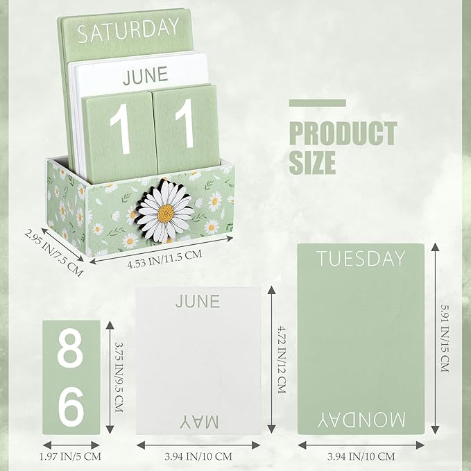 Green Daisy Flower Wood Block Perpetual Calendar Coquettish Desk Decor Cute Month Week Date Display Decorative Block Calendar for Women Office Home Desk Gift for Women