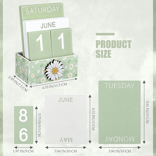 Green Daisy Flower Wood Block Perpetual Calendar Coquettish Desk Decor Cute Month Week Date Display Decorative Block Calendar for Women Office Home Desk Gift for Women