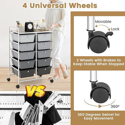 HAPPYGRILL 10-Drawer Rolling Storage Cart, Storage Organizer Cart with Lockable Wheels, Beauty Salon Movable Utility Cart for School, Office, Home, (Black Gradient)