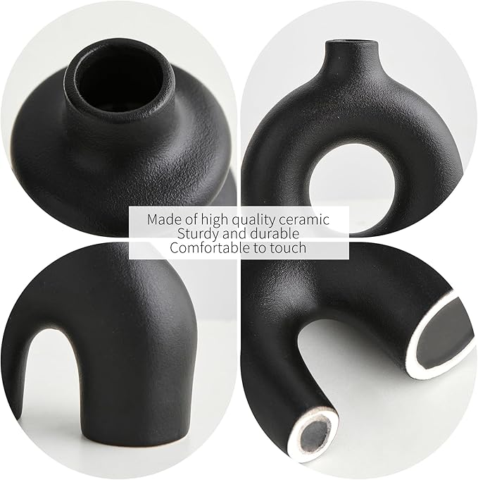 Black Ceramic Vase Set of 3, Small Flower Vases for Pampas Grass, Modern Boho Vase for Decor, Round Black Vases Centerpieces for Wedding Living Room Bedroom Coffee Table Entryway