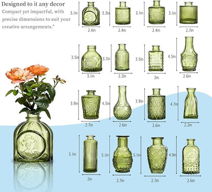 Glass Bud Vases Set of 32 - Green Assorted Small Mini Glass Vases for Flowers, Crystal Vintage Vase Set, Bulk Centerpieces for Table Décor, Wedding, Home and Events (Green, 32 Pcs)