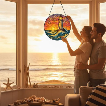Stained Glass Window Hanging,Lighthouse Sun Catchers Stained Glass Panels for Indoor Windows Wall Art Decor, Memorial Gift for Mom Women Wife Men Lovers (11.8inch)